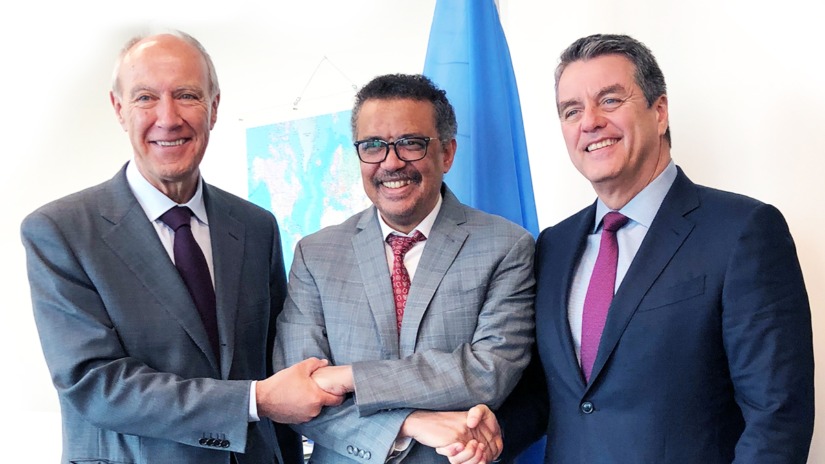 DG Azev&ecirc;do meets with WHO Director-General Tedros and WIPO Director-General Gurry at WHO Headquarters
